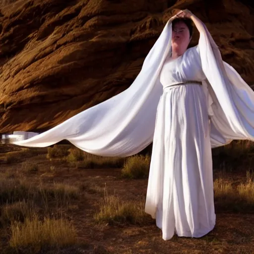 Image similar to photo, a woman wearing a giant wide flowy white sheet with her arms out and a vintage western movie being projected on it, standing inside a dark western rocky scenic landscape, volumetric lighting