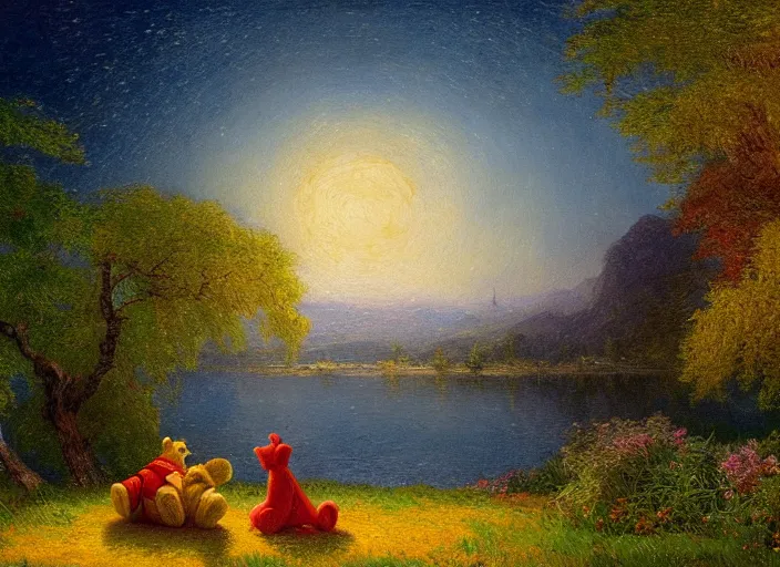 Image similar to romanticism impressionism landscape painting of winnie the pooh characters at night, night time, paper lanterns, string lights, in the style of hudson river school and thomas cole and albert bierstadt and vincent van gogh