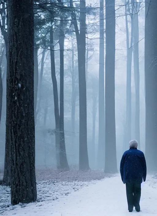 Image similar to a 3 5 mm photo from the back of a senior citizen walking in the misty snowy woods, splash art, movie still, bokeh, canon 5 0 mm, cinematic lighting, dramatic, film, photography, cold blue light, depth of field, award - winning, anamorphic lens flare, 8 k, hyper detailed, 3 5 mm film grain