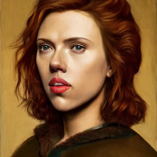Image similar to a portrait of Scarlett Johansson, facing front, by Rogier van der Weyden, oil painting, anatomically correct, beautiful perfect face, sharp focus, Highly Detailed, Cinematic Lighting, 8k, HD