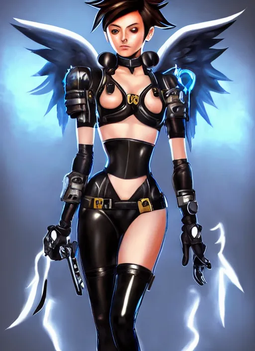 Image similar to full body artwork of tracer overwatch, wearing black latex outfit, in style of mark arian, angel wings, dramatic painting, wearing detailed leather collar, black shiny armor, chains, black harness, detailed face and eyes,