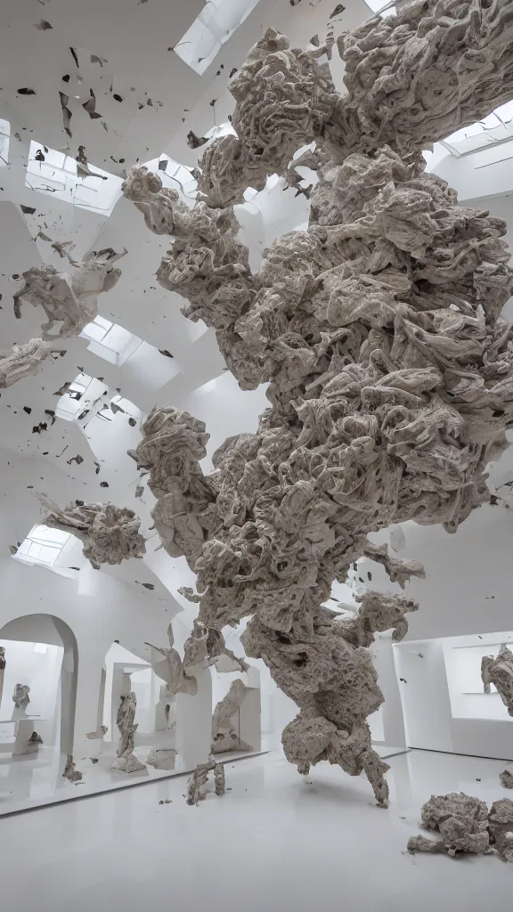 Image similar to sculpture explosion in a white museum hall, luxury and minimal atmosphere hyper - detailed, ultra - realistic, 8 k, post - production, photo real ultra - high detail, museum atmosphere, cinematic lighting