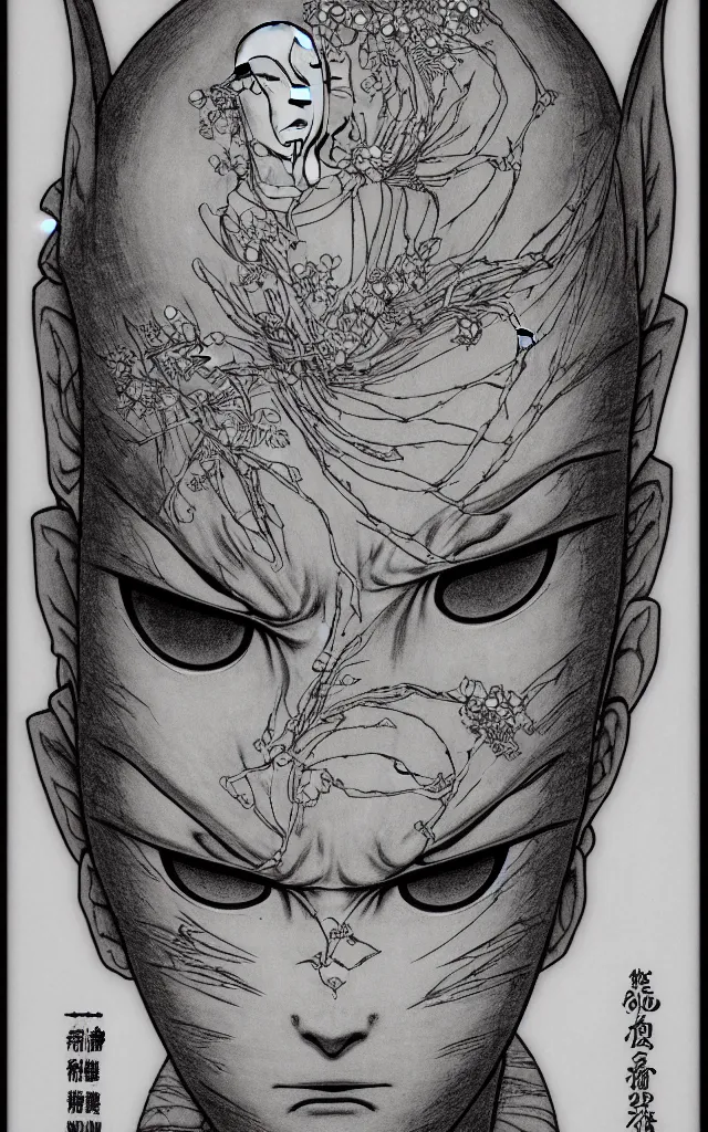 Image similar to prompt: Fragile looking face drawn by Takato Yamamoto, ceramic looking face, cyber parts, inspired by Naruto and Bandai Namco, clean ink detailed line drawing, intricate detail drawing, manga 1990