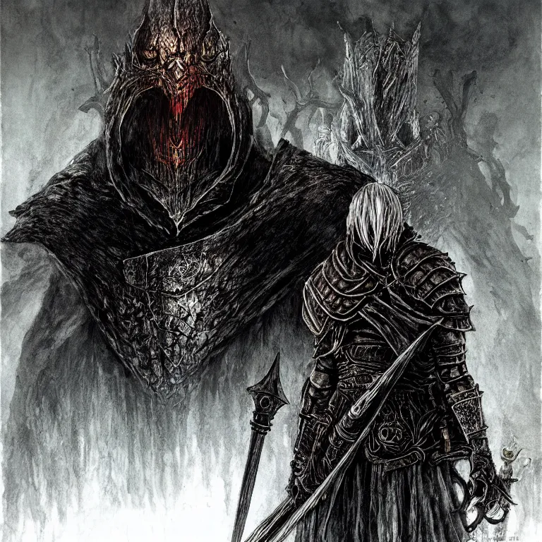 Prompt: Folk horror portrait of the ashen one from dark souls III (dark souls 3), detailed illustration by Yoshitaka Amano