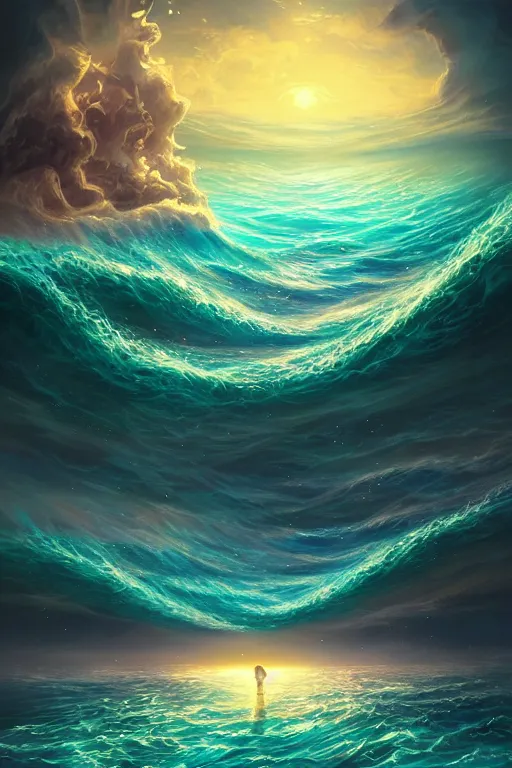 Prompt: beautiful painting of magic and night scape in the ocean with waves and gorgeous sky, inspired by Cyril Rolando, David Wiesner, ornate, intricate, emitting light ornaments, trending on artstation, volumetric lighting, CGsociety vivid colors