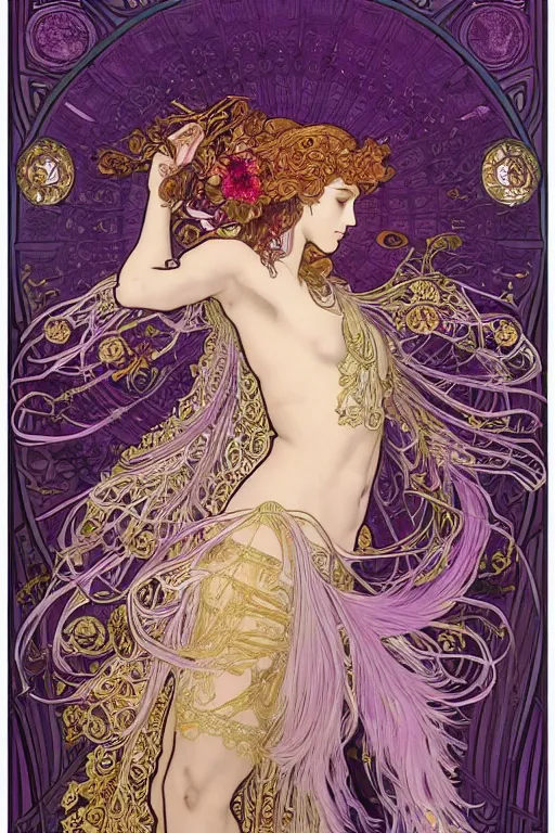 Image similar to thanatos, god of peaceful death, closed eyes, long hair, wearing ornate silk and lace clothes, gold jewelry, moon, purple feathers, by Alphonse Mucha, by artgerm, rule of thirds, super detailed, 8k