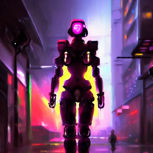 Image similar to An epic comic hyperrealistic painting of a cyber warrior girl wearing mecha cyber suit, attractive, painted by craig mullins, cyberpunk style color, heavy rainning at tokyo street night, neon lights all around, Matte painting, smoke, cinematic lighting, corona render, arnold render, movie concept art, 8k, RPG portrait, Concept world, rim lights, phtotrealistic, hdri