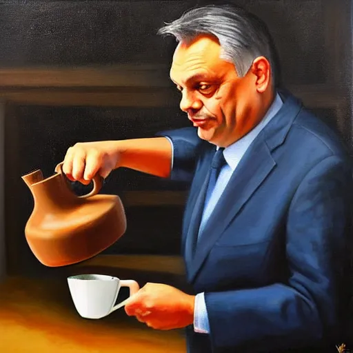 Image similar to viktor orban making chemex coffee, oil painting