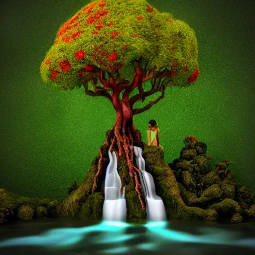 Prompt: a dryad tree spirit atop a floating waterfall. isometric 3d render, landscape reds, greens, yellows