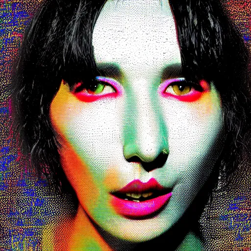 Prompt: Karen O of the Yeah Yeah Yeahs. Glitch effect. Pixel glitch. Chromatic Aberration. data moshing glitch art. 4k.