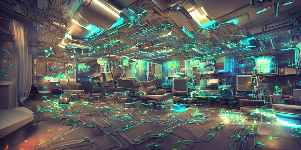 Prompt: a photorealistic futuristic 3D room with four walls covered with glowing CRT computer monitors embedded into the wall surrounded by fuzzy pipe cleaners, Trending on artstation, cinematic lighting from the right, hyper realism, octane render, 8k, depth of field, 3D