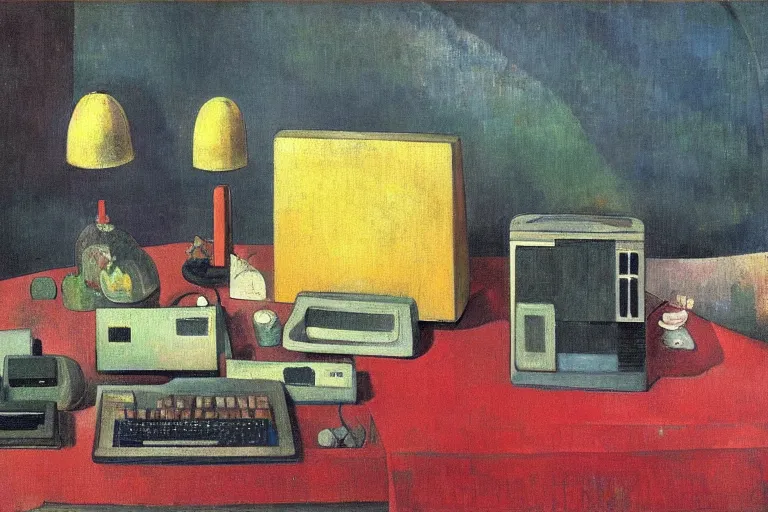 Prompt: still life painting of vintage computers by Paul Gauguin, oil on canvas, strong lighting, highly detailed, hyper realism, HD, 4K