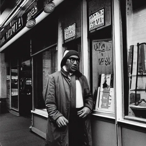 Prompt: analog medium format street photography portrait of a man in front of store window in new york, 1 9 6 0 s, portrait featured on unsplash, photographed on colour expired film