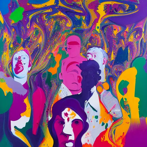 Prompt: people in the crowd, an ultrafine detailed painting by peter max and francis bacon and fiona rae and maryam hashemi and hernan bas and anna mond and max gubler, featured on deviantart, metaphysical painting, neo expressionism, pop surrealism, melting paint, biomorphic, mixed media, photorealistic, dripping paint, palette knife texture, masterpiece