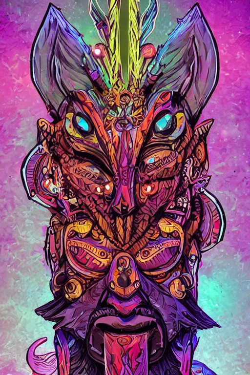 Image similar to totem animal tribal chaman vodoo mask feather gemstone plant wood rock video game illustration vivid color borderlands by josan gonzales and dan mumford radiating a glowing aura