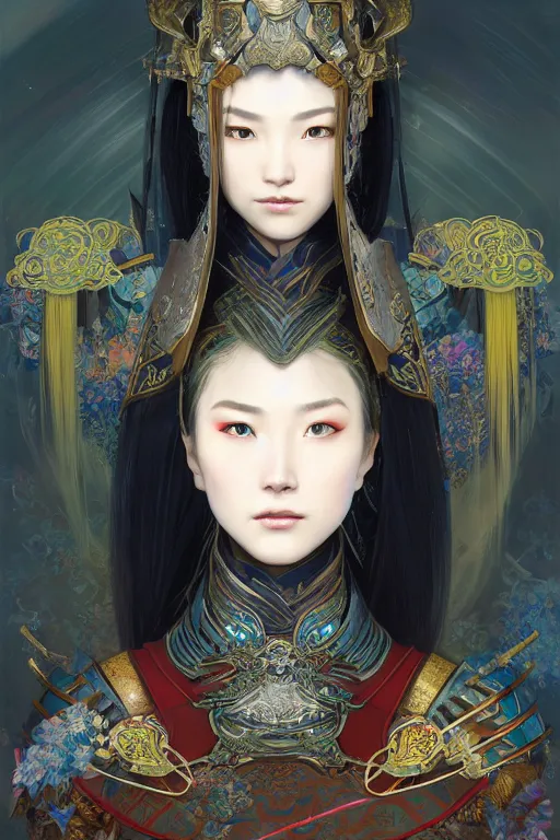 Image similar to beautiful and luxury and holy and elite and colorlpunk young three kingdom chinese female armor knight portrait +shinnyy eyes+front face with light flowing hair, ultradetail face, art and illustration by tian zi and craig mullins and WLOP and alphonse mucha, fantasy, intricate complexity, human structure, human anatomy, fantasy character concept, watermark, blurry, hyperrealism 8k