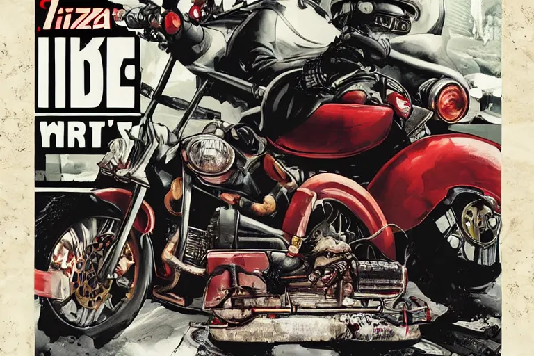 Image similar to pizza the hut, akira's motorcycle, gorillaz, poster, high quality