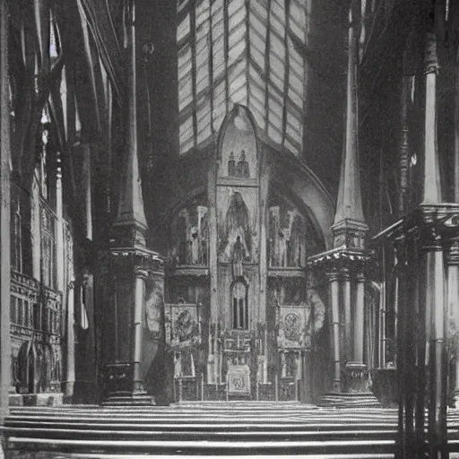 Image similar to an early photograph of a steampunk cathedral with god rays from the 19th century