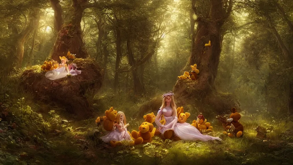 Image similar to elven princess sitting with a giant winnie the pooh in the melancholy forest. andreas achenbach, artgerm, mikko lagerstedt, zack snyder, tokujin yoshioka