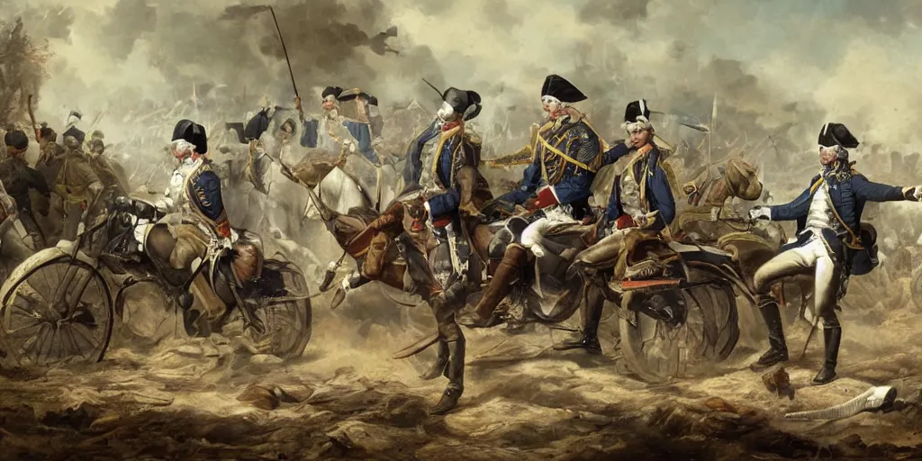 Image similar to George Washington rides a motorcycle to attack the British army in the revolutionary war, epic, cinematic, concept Art, detailed, 4K