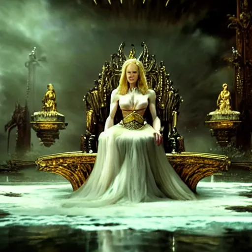 Prompt: cinematic scene with nicole kidman on a majestic throne as the goddess of war, dramatic, small details, volumetric lighting, still frame