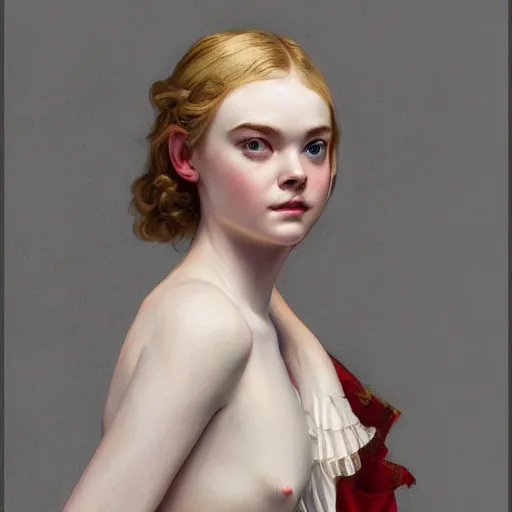 Image similar to Elle Fanning looking into the fire, artstation, by J. C. Leyendecker and Peter Paul Rubens, Extremely detailed. 4K. Award winning.