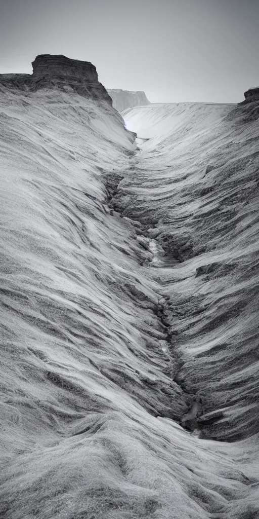 Image similar to dream looking through a hyper realistic photograph of a ice covered canyon, minimal structure, futurists landscape, misty, icelandic valley, small stream over black rock, small waterfall, fibonacci, timed exposure, in the style of reuben wu, roger deakins