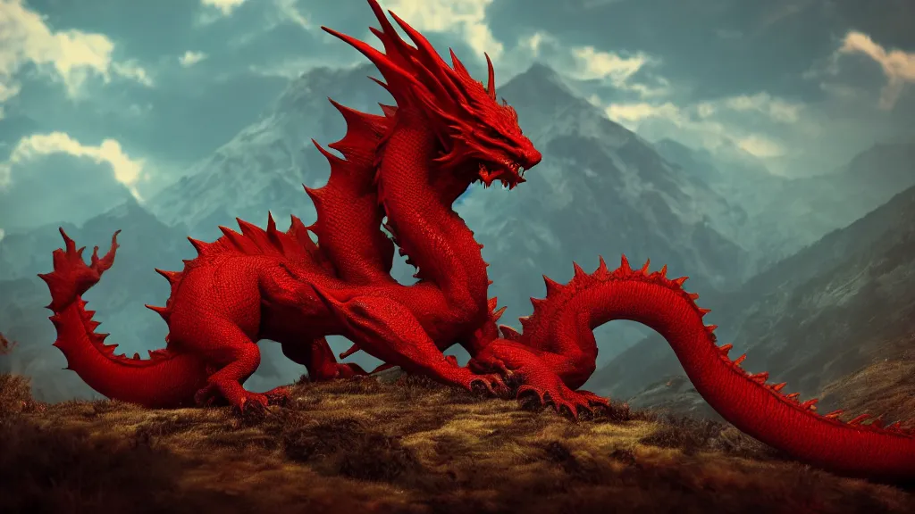 Prompt: huge red dragon sitting on a mountain , shallow depth of field, 35 mm, cinematic lighting, trending on artstation,