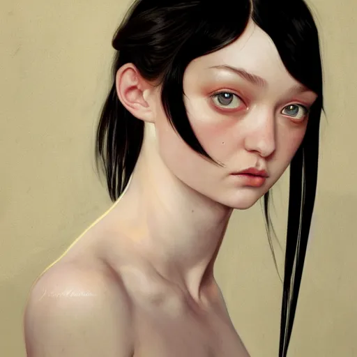 Image similar to portrait of a german teenage girl with glossy black hair, glowing skin, delicate features, gemma ward, stoya, fantasy, intricate, elegant, dress shirt, highly detailed, digital painting, artstation, concept art, smooth, sharp focus, illustration, art by Krenz Cushart and Artem Demura and alphonse mucha