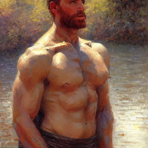 Image similar to man by the river, muscular, detailed face, correct face, painting by Gaston Bussiere, Craig Mullins