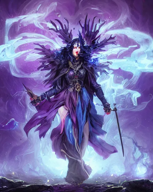 Image similar to Raven Witch, spell, potion, blue and purple, magic the gathering artwork, D&D, fantasy, cinematic lighting, centered, symmetrical, highly detailed, digital painting, artstation, concept art, smooth, sharp focus, illustration, volumetric lighting, epic Composition, 8k, art by Akihiko Yoshida and Greg Rutkowski and Craig Mullins, oil painting, cgsociety