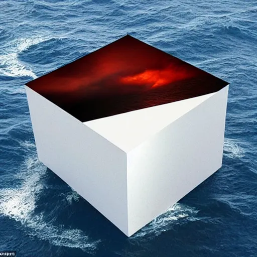 Image similar to a cube in the middle of the sea with images of a tumultuous sea squall on its sides. in the style of Richard Serra