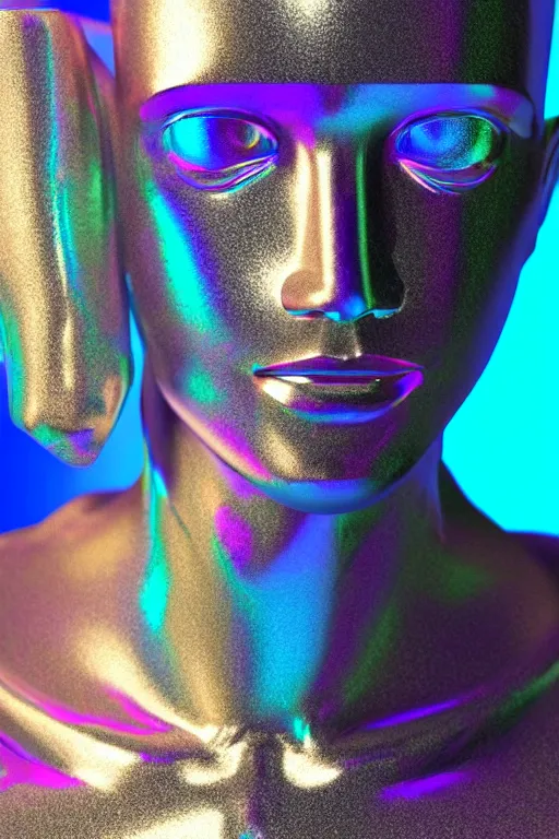 Image similar to 3d render of holographic human robotic bust made of glossy iridescent, bust, surrealistic 3d illustration of a human non-binary, non binary model, 3d model human, cryengine, made of holographic texture, holographic material, holographic rainbow, concept of cyborg and artificial intelligence