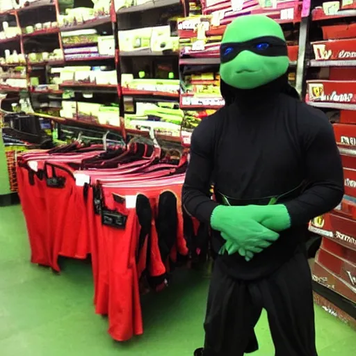 Prompt: Meeting a legit ninja turtle in the backroom of Sears