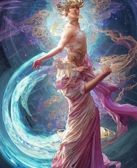 Image similar to a trading - card of a wizard surrounded by a whirlwind of magical particles ushing inside the metaverse, half body, fantasy, intricate, elegant, highly detailed, colorful, vivid color, digital painting, artstation, concept art, art by artgerm and greg rutkowski and alphonse mucha and ruan jia