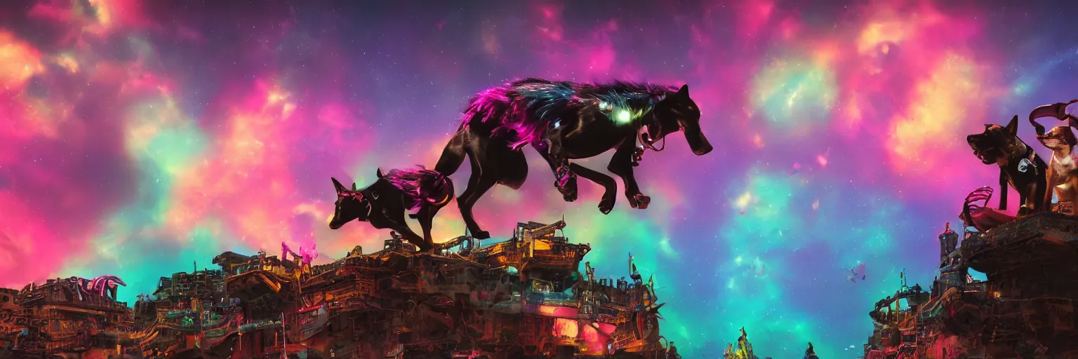 Image similar to space dogs with neon mohawks, dogs, doberman, space, dark, stars, pink, oil painting, pirate neon ship with punks on board, neon, rich deep colors masterpiece, ultra detailed, contrast, lots of roman arches, clouds, sky, volumetric light, atmospheric lighting, dramatic, cinematic, moody, octane render 4 k, 8 k