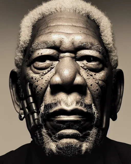 Image similar to portrait of Morgan Freeman as a cyborg. intricate abstract. intricate artwork. by Tooth Wu, wlop, beeple, dan mumford. octane render, trending on artstation, greg rutkowski very coherent symmetrical artwork. cinematic, hyper realism, high detail, octane render, 8k, iridescent accents