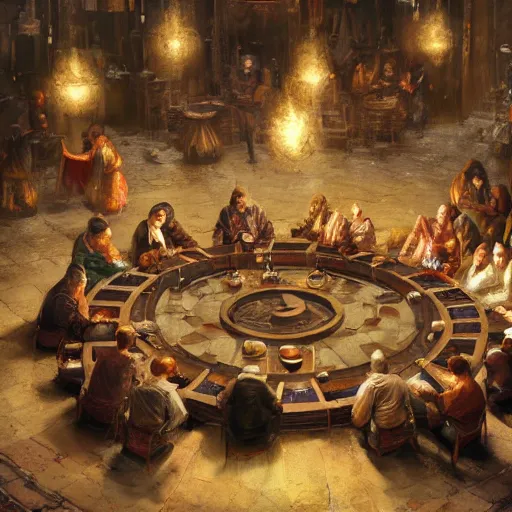 Image similar to Oil painting of group of merchants around a round table, having a heated discussion, portrait, D&D, Magic The Gathering, by Craig Mullins, Nekro, Victo Ngai, centered, symmetrical, volumetric lighting