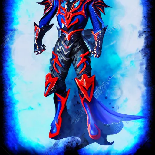 Image similar to dragon inspired High Fantasy Kamen Rider, blue with red secondary color, 4k, glowing eyes, daytime, black rubber undersuit