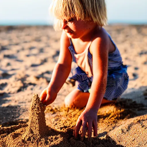 Image similar to little blond girl, making a sandcastle!!! on an Australian Beach, (((red)))!!! sand, shovel, waves, golden hour, Canon EOS R3, f/1.4, ISO 200, 1/160s, 8K, RAW, unedited, symmetrical balance, in-frame