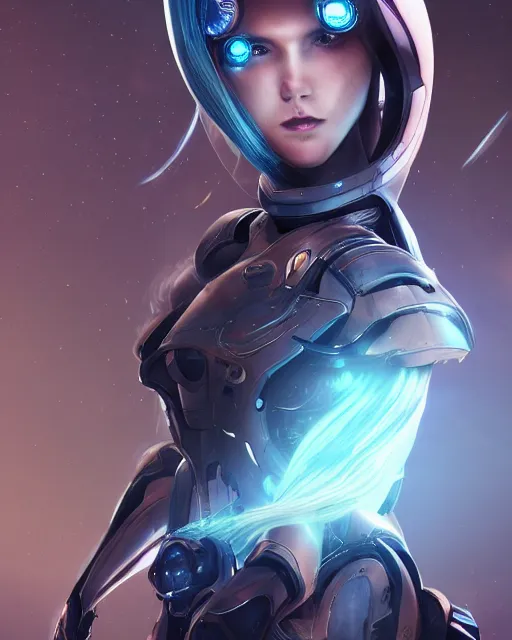 Image similar to perfect android girl on a mothership, warframe armor, beautiful face, scifi, futuristic, galaxy, nebula, bae suzy, dreamy, long white hair, blue cyborg eyes, cinematic lighting, highly detailed, artstation, divine, by gauthier leblanc, kazuya takahashi, huifeng huang, jama jurabaev