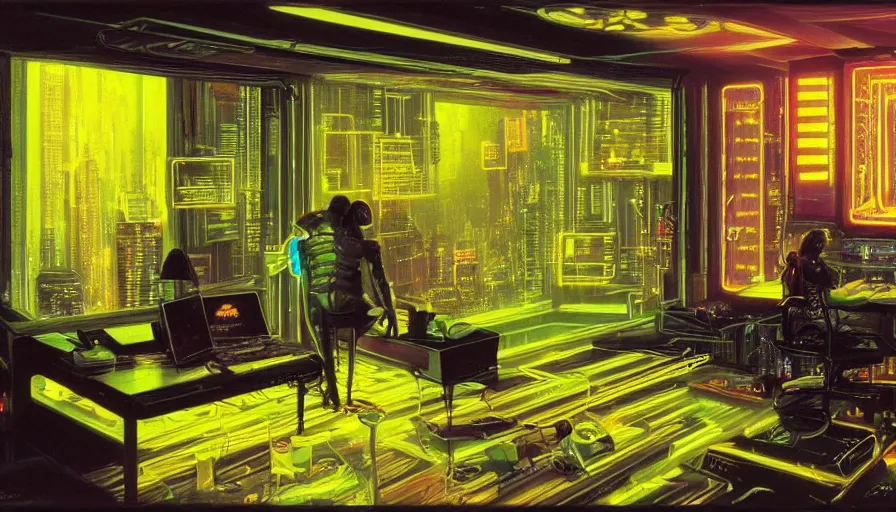 Image similar to A highly detailed rendering of a Cyberpunk hackers bedroom which has sophisticated hi-tech holographic wall boards and screens surrounded by messy cables, soft neon yellow lighting, reflective surfaces, sci-fi concept art, by Syd Mead, by H.R.Giger, highly detailed, oil on canvas