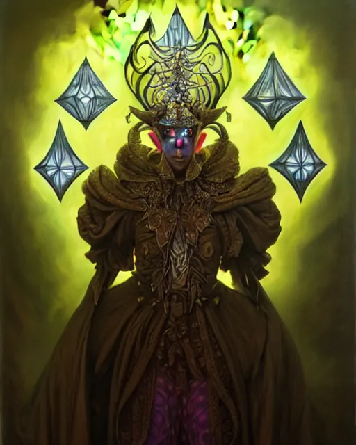 Image similar to front shot of a court jester character, hyperdimensional, bioluminescent hypercubes, ((intricate)), elegant, highly detailed, centered, (((artstation, concept art, smooth, sharp focus, artgerm, Tomasz Alen Kopera, Peter Mohrbacher, donato giancola, Joseph Christian Leyendecker, WLOP, Boris Vallejo))), mugshot!!!!!, ugly!!!!!!, octane render, nvidia raytracing demo, grainy, muted