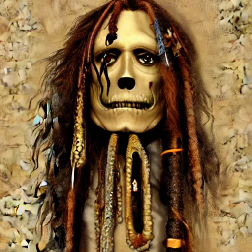 Image similar to a hyperrealistic illustration of Captain Jack Sparrow as Davy Jones, Davy Jones with Tentacles, Face hybrid of Davy Jones and Jack Sparrow, symmetrical face