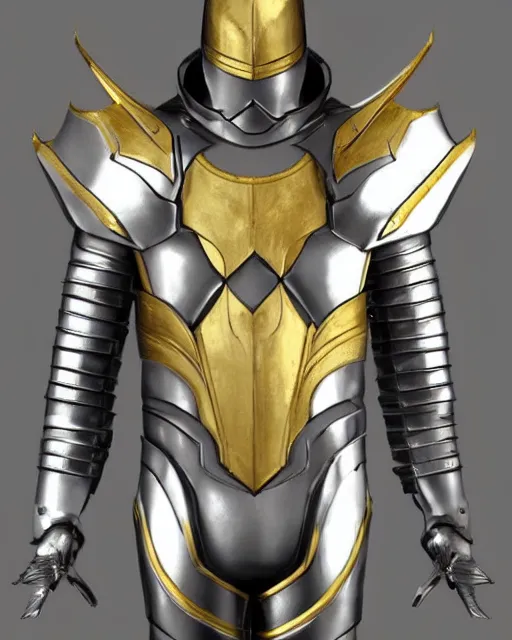 Prompt: suit of fantasy armor, shiny silver armor with gold trim, clean, flat shading, trending on artstation