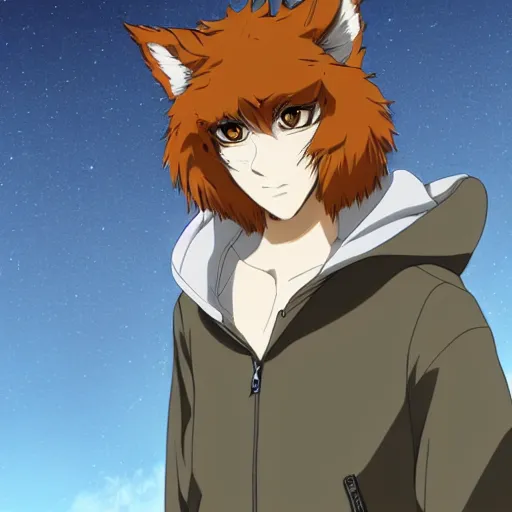 Image similar to key anime visual portrait of a handsome male anthro wolf furry fursona with beautiful eyes, wearing a hoodie, official modern animation