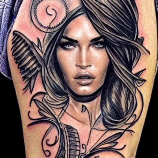 Image similar to tattoo design sketch megan fox mash up effect with beautiful mountain scenery, in the style of matteo pasqualin, amazing detail