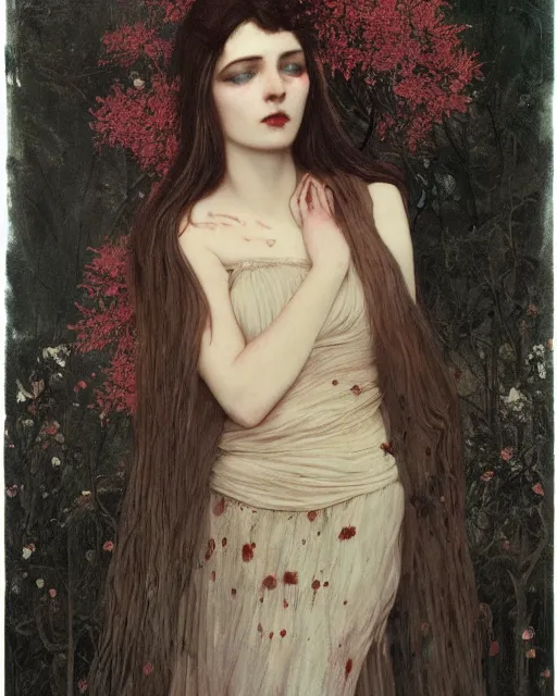 Image similar to a beautiful but sinister and creepy woman in layers of fear, with haunted eyes, violence in her eyes, putting on lipgloss, 1 9 7 0 s, seventies, delicate embellishments, a little blood, woodland, moonlight shining on wildflowers, painterly, offset printing technique, by alexandre cabanel, mary jane ansell