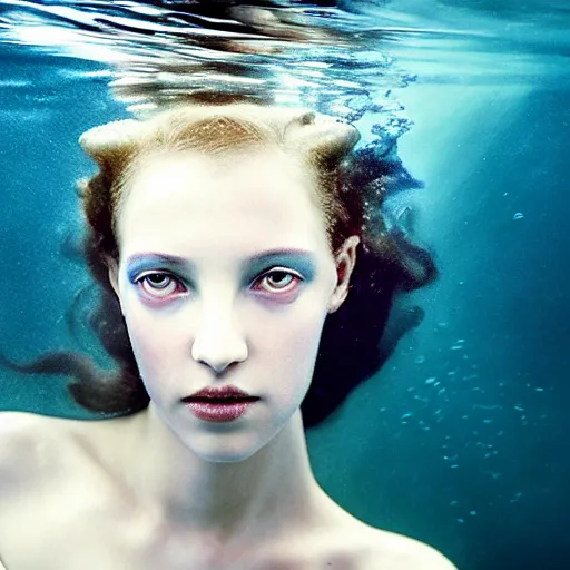 Prompt: close photographic portrait of a stunningly beautiful french renaissance female under the sea in murky water, caustics, soft focus, contemporary fashion shoot, hasselblad nikon, in a denis villeneuve and tim burton movie, by edward robert hughes, annie leibovitz and steve mccurry, david lazar, jimmy nelsson, extremely detailed, breathtaking, hyperrealistic, perfect face