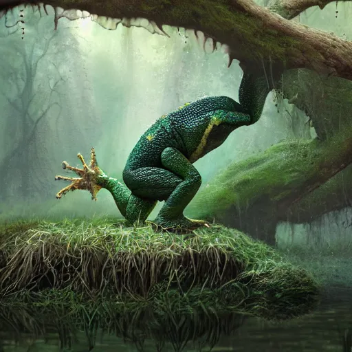 Image similar to an amphibian troll swimming in a swamp, matte painting, digital art, fantasy art, 8 k, trending on artstation, ultra detailed